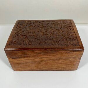 Intricate Floral Cherry Blossom Hand Carved Wooden Keepsake Storage Box Urn VTG